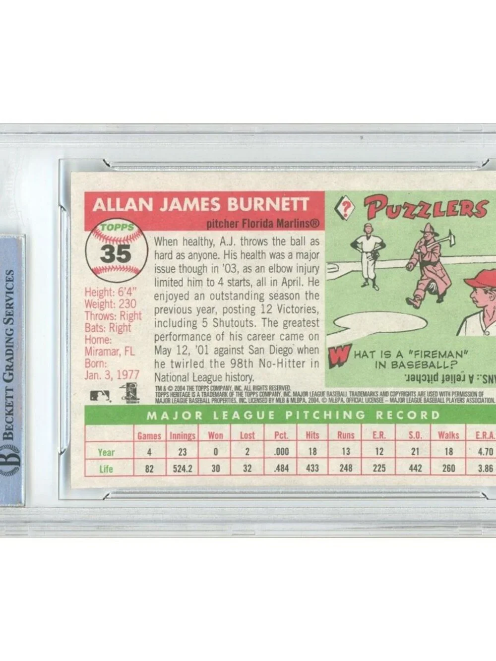 AJ Burnett Signed 2004 Topps Heritage #35 Marlins Baseball Card BAS Slabbed